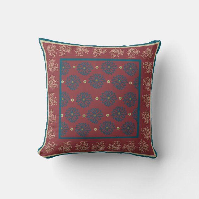Coussin Floral oriental beige et bleu-foncé sur le rouge (Recto)