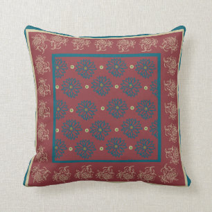 Coussin Floral oriental beige et bleu-foncé sur le rouge