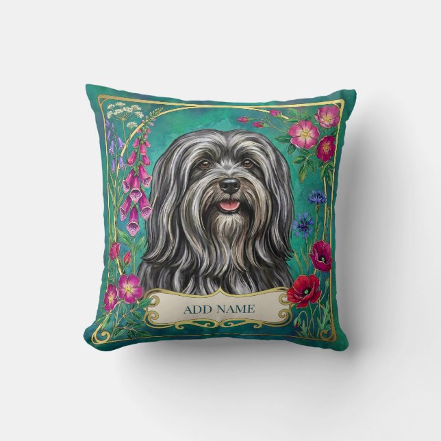 Coussin floral personnalisé gris foncé Lhasa Apso (Recto)