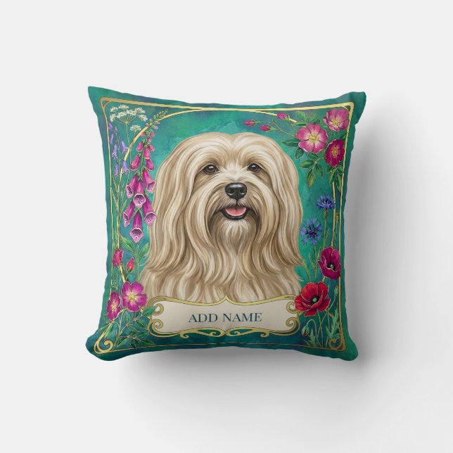 Coussin floral personnalisé Lhasa Apso crème (Recto)