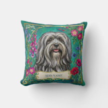 Coussin floral personnalisé Lhasa Apso gris clair