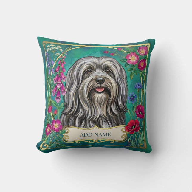 Coussin floral personnalisé Lhasa Apso gris clair (Recto)