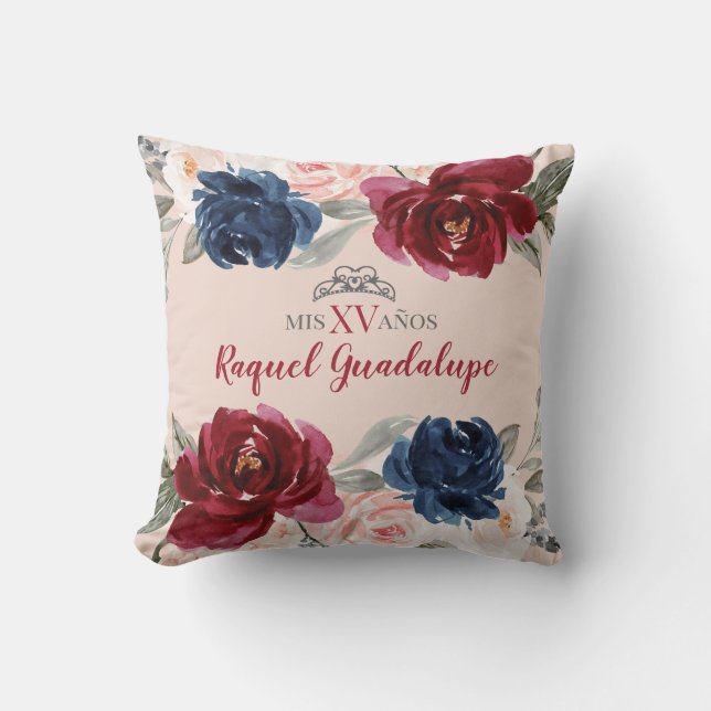 Coussin Floral Quinceañera de la Marine Burgundy B (Recto)