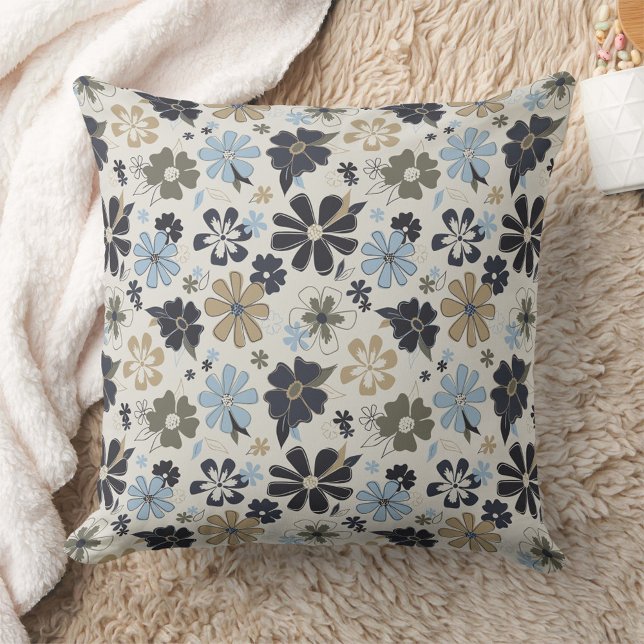 Coussin Floral Retro Motif bleu Tan (Floral Retro Blue Tan Pattern from Studio Posies.)