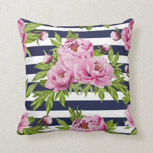 Coussin floral rose et bleu marine