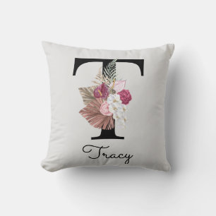 Coussin Floral rose monogramme T initial