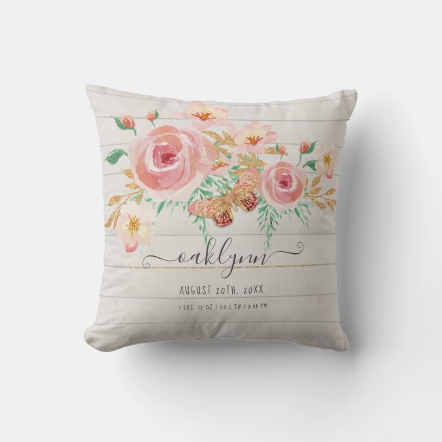 Coussin Floral Rose Rose Bébé Fille Statistiques de naissa (Recto)