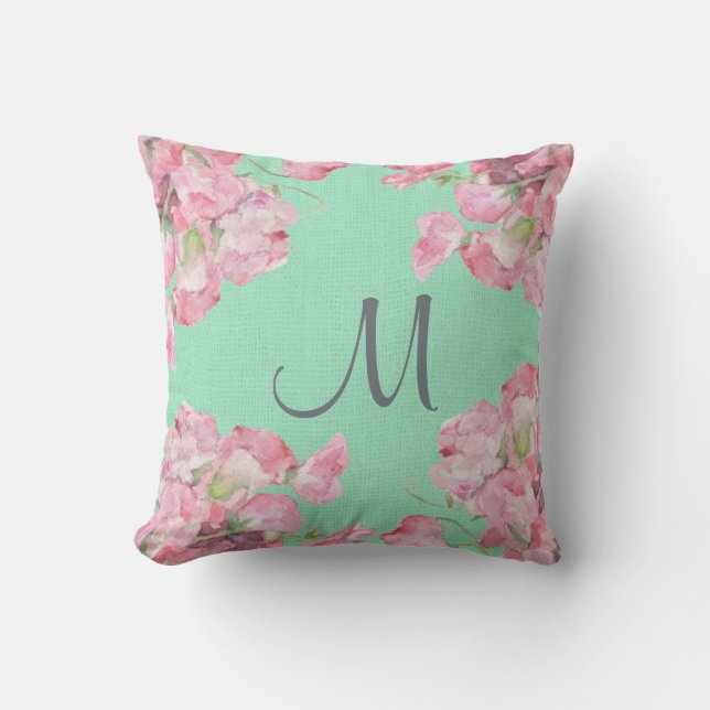 Coussin Floral rose rustique sur le monogramme vert en bon (Recto)