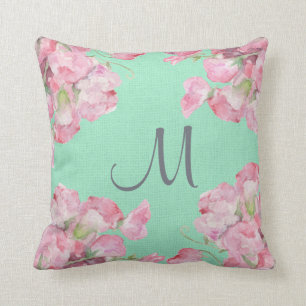 Coussin Floral rose rustique sur le monogramme vert en bon