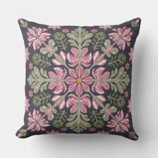 Coussin floral rose-vert avec art populaire rustiq