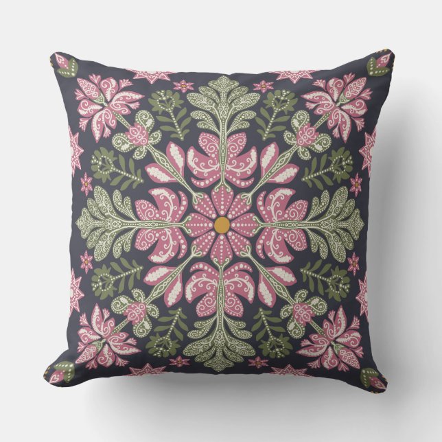 Coussin floral rose-vert avec art populaire rustiq (Recto)