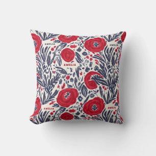 Coussin Floral Rouge Blanc & Bleu Motif botanique