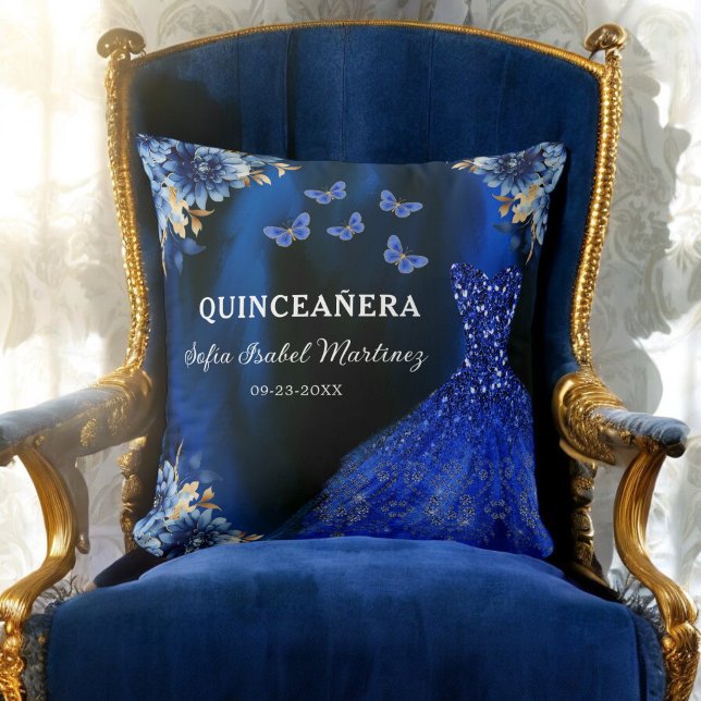 Coussin Floral Royal Blue Gold Princess Quinceanera (Créateur téléchargé)