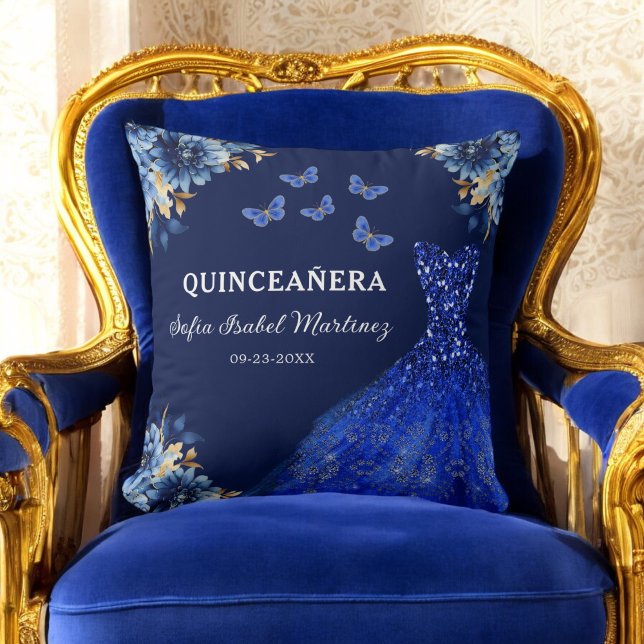 Coussin Floral Royal Blue Gold Princess Quinceanera (Créateur téléchargé)