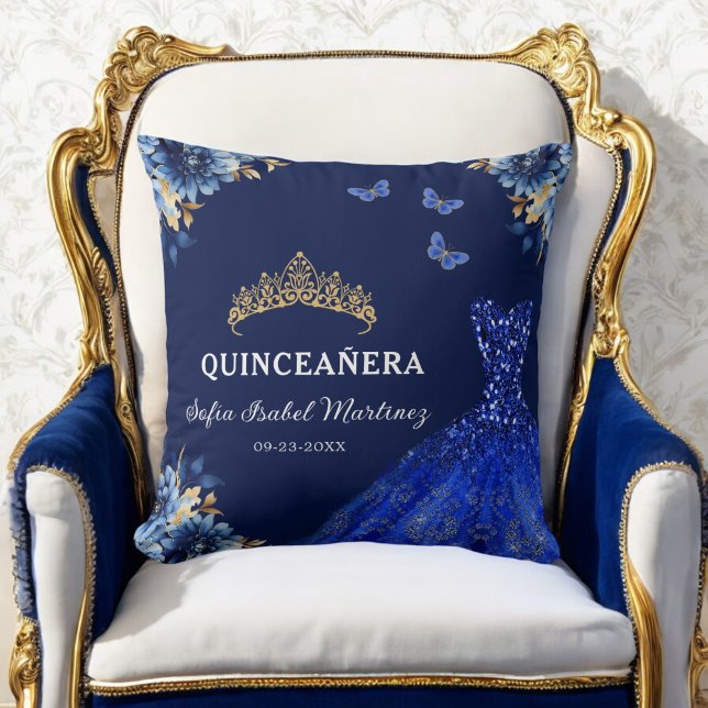 Coussin Floral Royal Blue Gold Princess Quinceanera (Créateur téléchargé)