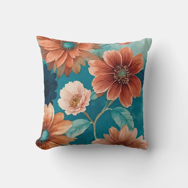Coussin Floral Rustique Bleu et Boho rouille (Recto)