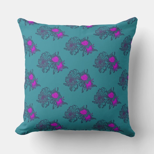 Coussin floral sarcelle avec accents roses (Recto)