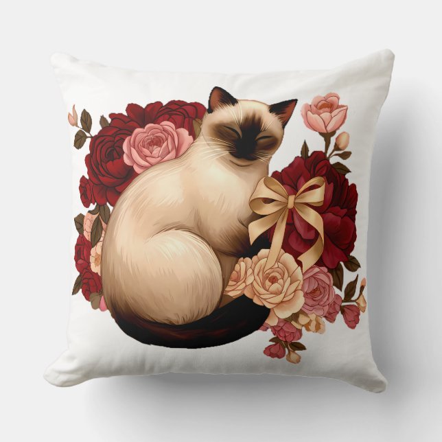 Coussin Floral Serenity: Curled Siamese Cat in Bloom (Recto)