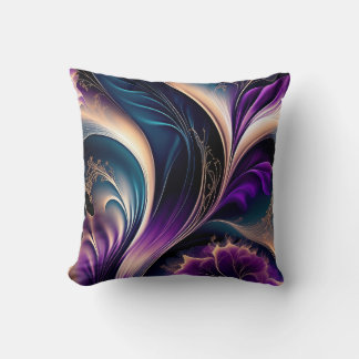Coussin Floral Symphony - Deep Purple - Gold Abstract Art