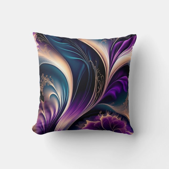 Coussin Floral Symphony - Deep Purple - Gold Abstract Art (Recto)