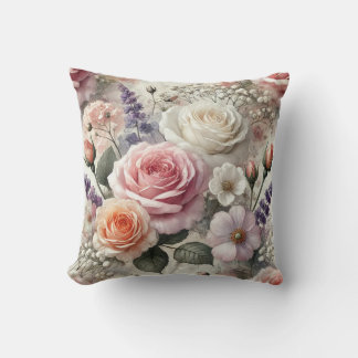 Coussin Floral Throw Pillow with Pink and White Roses