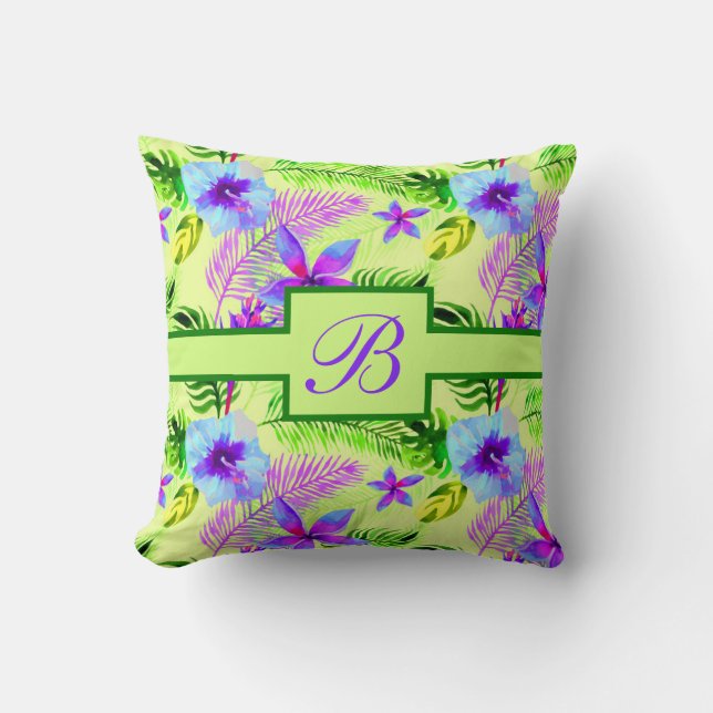 Coussin Floral vert pourpre jaune Hibiscus Fleur initiale (Recto)