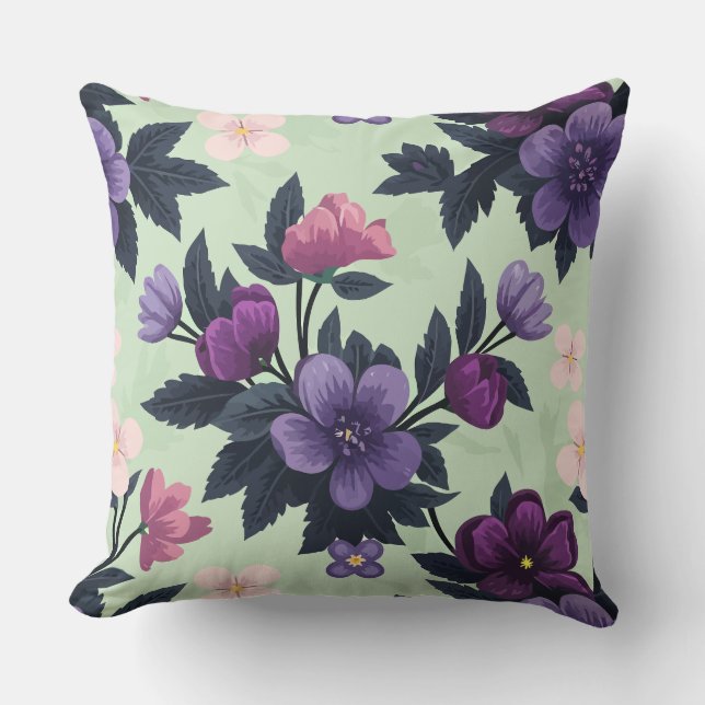 Coussin Floral violet et rose sur Arrière - plan vert clai (Recto)