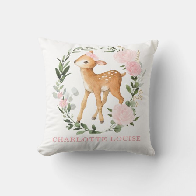 Coussin Floral Woodland Deer Greenery Baby Girl Nursery (Recto)