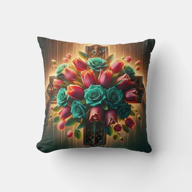 Coussin "Florales radiantes de Croix chrétienne avec goutt (Recto)