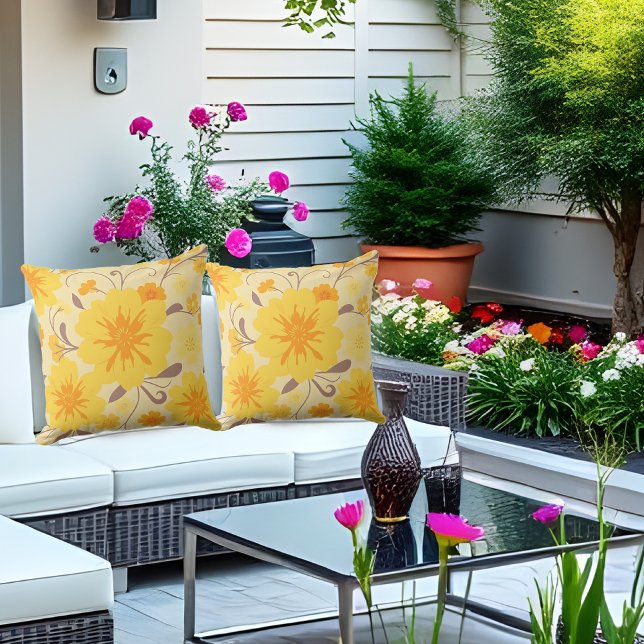 Coussin Florales Sunshine Retro - Fleurs Jaunes (Retro Sunshine Florals-Yellow Flowers Outdoor Pillow)
