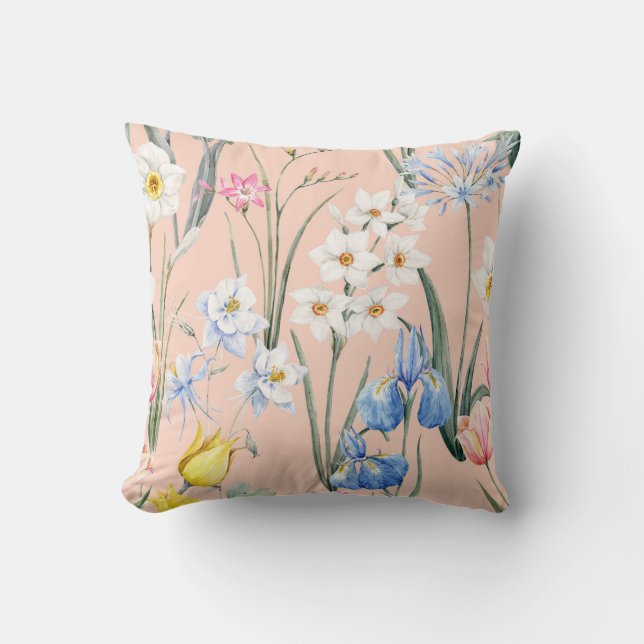 Coussin Floraux d'aquarelle de printemps, papier peint rét (Recto)