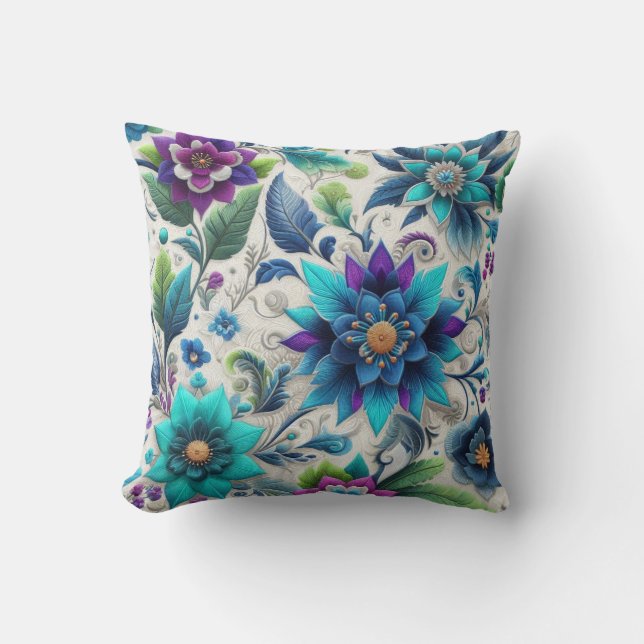 Coussin Flore blanc violet turquoise (Recto)
