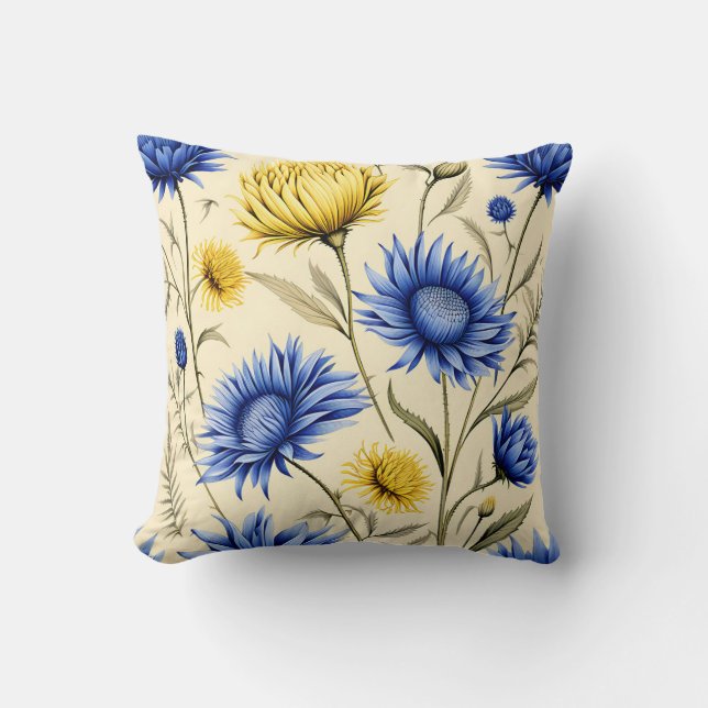 Coussin Flore bleu et jaune élégant (Recto)