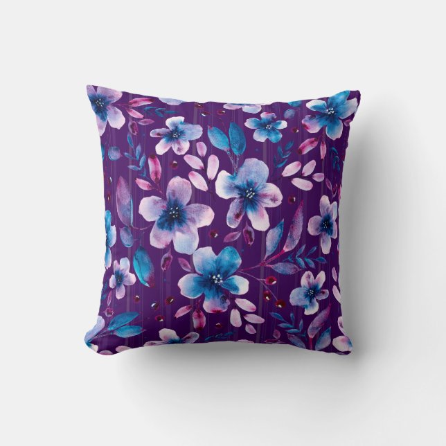 Coussin Flore bleu et magenta sur violet Artiste (Recto)