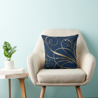 Coussin Flore bleu marine et tourbillons d'or