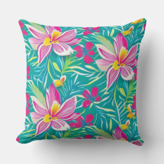 Coussin Flore colorée tropicale Turquoise, rose, Jaune