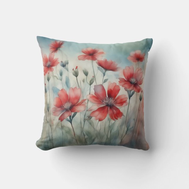 Coussin Flore d'aquarelle rouge Fleur sauvage (Recto)