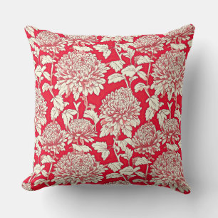 Coussin Flore de chrysanthème japonais vintage rouge et bl