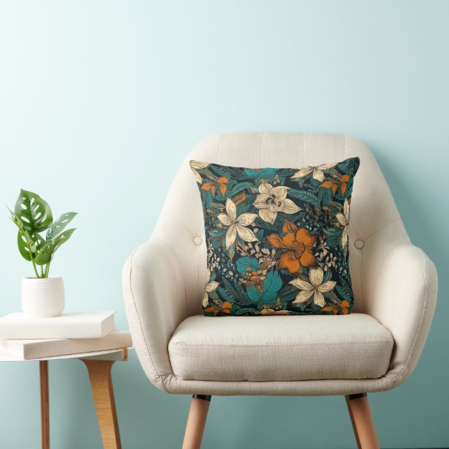 Coussin Flore de crème orange et de batik vert (Chaise)