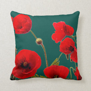 Coussin Flore de fleurs de pavot rouge de couleur profonde