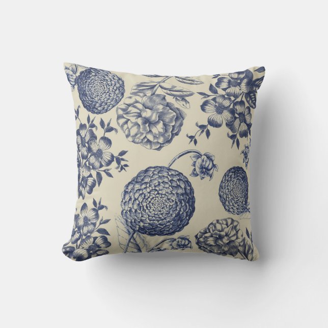 Coussin Flore d'impression florale de fleurs bleues antiqu (Recto)