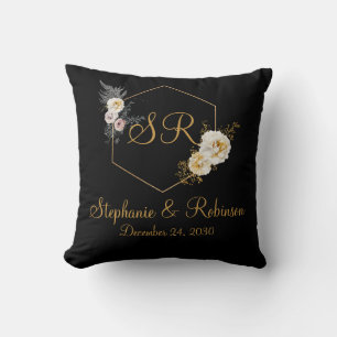 Coussin Flore d'or sur Monogramme noir Logo Mariage cadeau