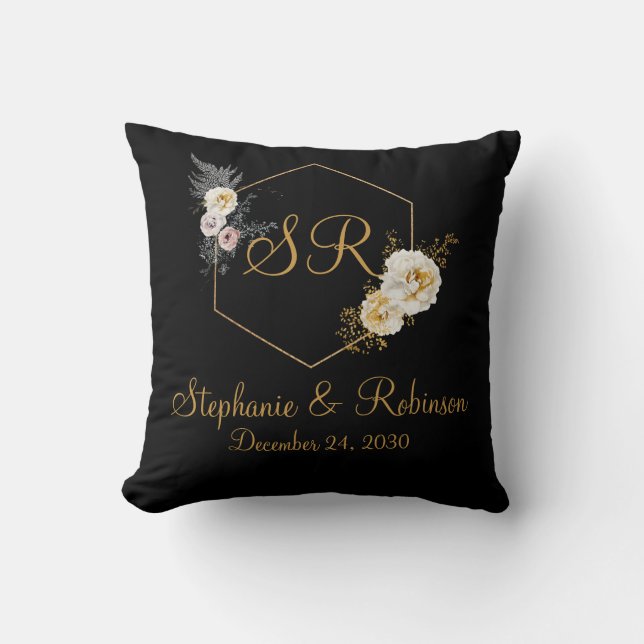Coussin Flore d'or sur Monogramme noir Logo Mariage cadeau (Recto)