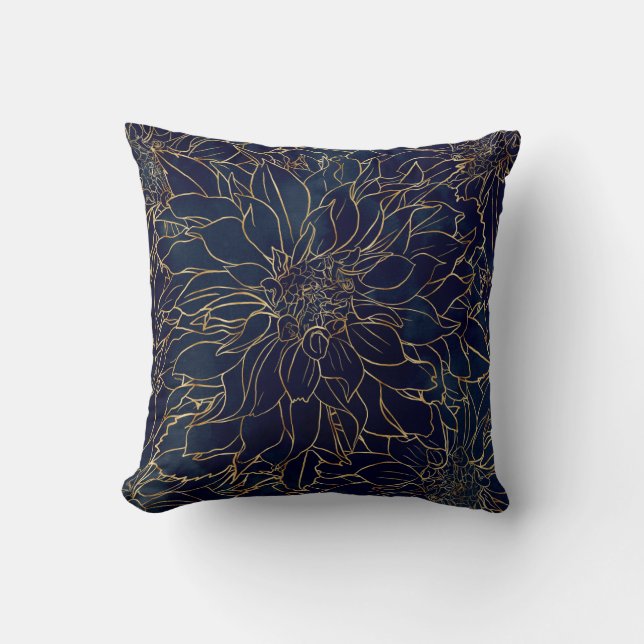 Coussin Flore dorée et bleu Dahlia (Recto)