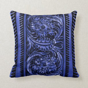 Coussin Flore en cuir orné de Faux  bleu cobalt