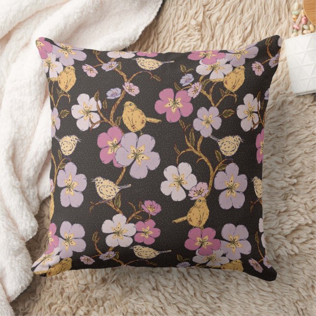 Coussin Flore et oiseaux de traînée à Whimsical - Noir/Gri (Couverture)