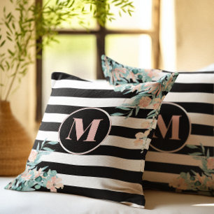 Coussin Flore floue sur bande noire et blanche Monogramme