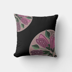 Coussin Flore noire et rose poussiéreuse inspirée par l'ar