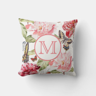 Coussin Flore rose avec papillons et monogramme