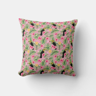 Coussin Flore rose Tropical Oiseau Foule Épervier